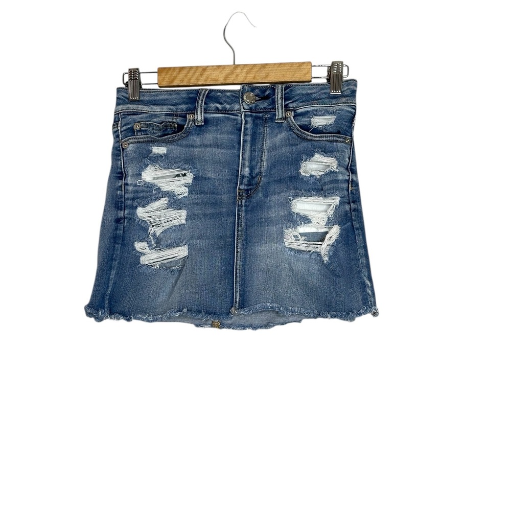 American Eagle Outfitters Womens Hi Rise Mini Denim Skirt 2 Distressed Grunge‎